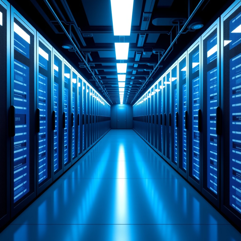 Wide angle shot of a massive modern data center with glowing blue server racks and complex cabling. High tech atmosphere, clean and futuristic, cinematic lighting, 4:3