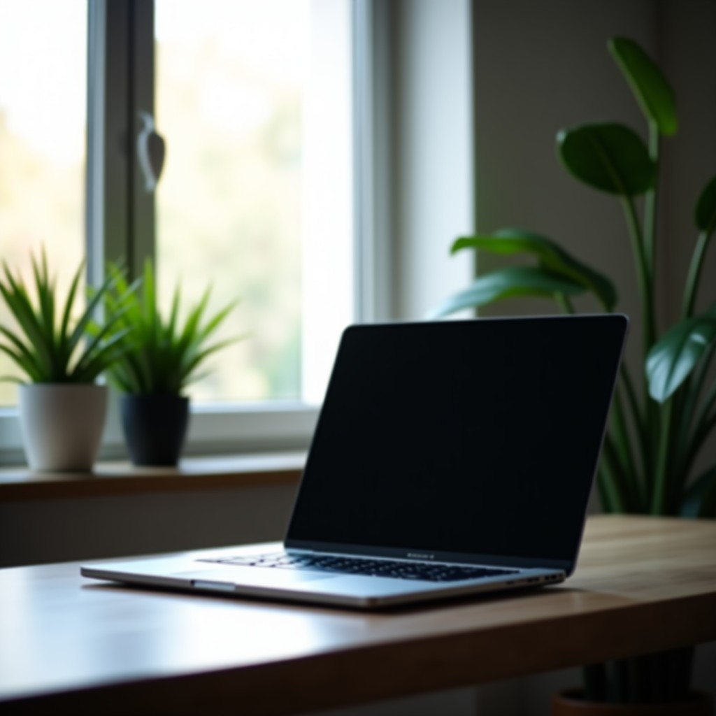 A minimalist and clean desk setup with a high-end laptop, soft ambient lighting from a window, plants in the background, professional aesthetic, 4:3 aspect ratio.