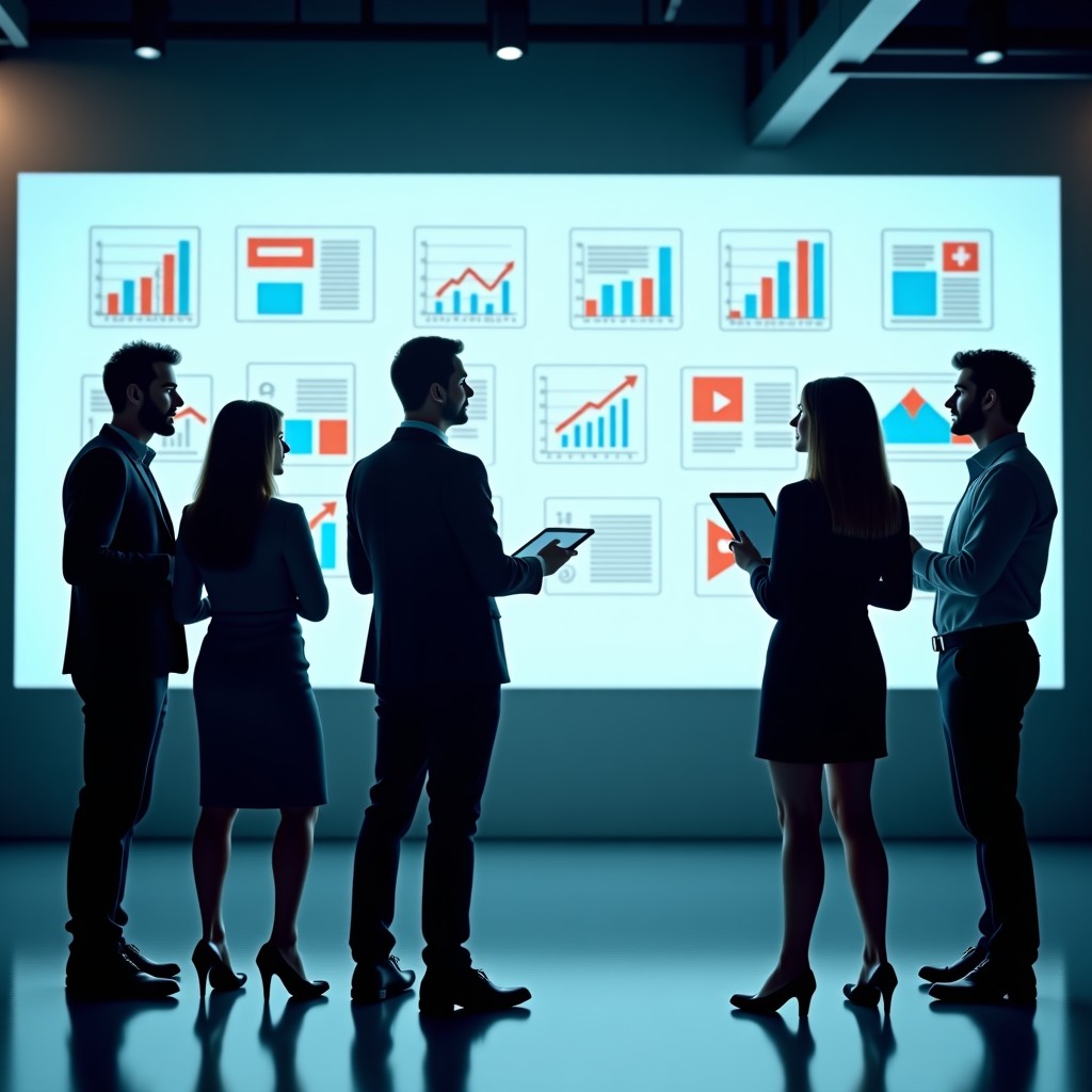 A small group of diverse professional marketers in a high-tech office discussing social media trends on a large transparent glass board, collaborative atmosphere, photorealistic, cinematic lighting, 4:3