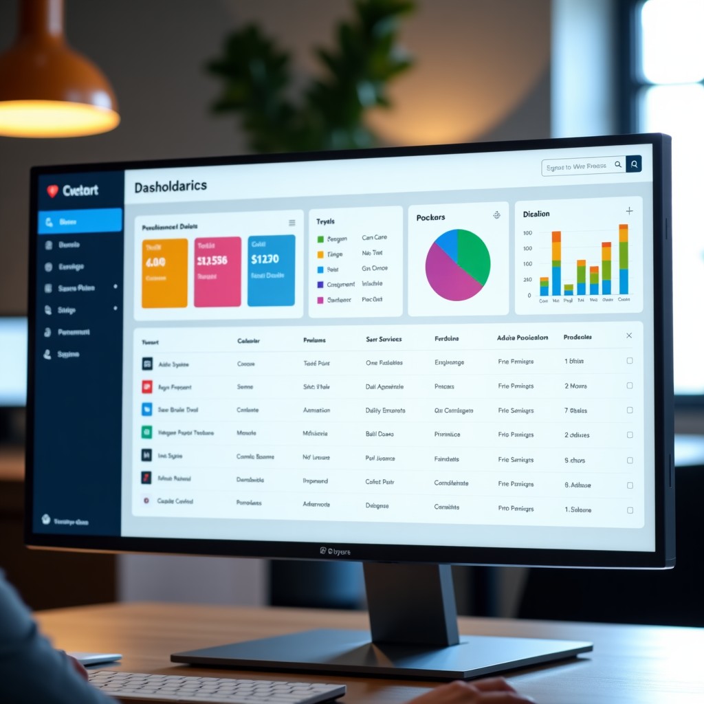 A clean and modern digital workspace dashboard showing organized data tables, colorful task cards, and collaboration icons on a high-end monitor. The background is a blurred professional office setting with soft natural lighting. No text on screen. 4:3