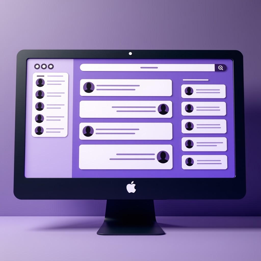 clean and modern user interface of a social community app on a computer monitor, showing organized chat channels and user lists, aesthetic purple theme, 4:3