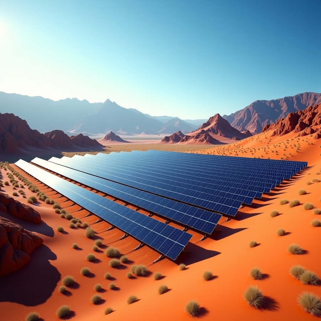 Wide shot of a massive solar farm in the desert, modern photovoltaic panels neatly arranged, bright daylight, cinematic atmosphere, 4:3 aspect ratio