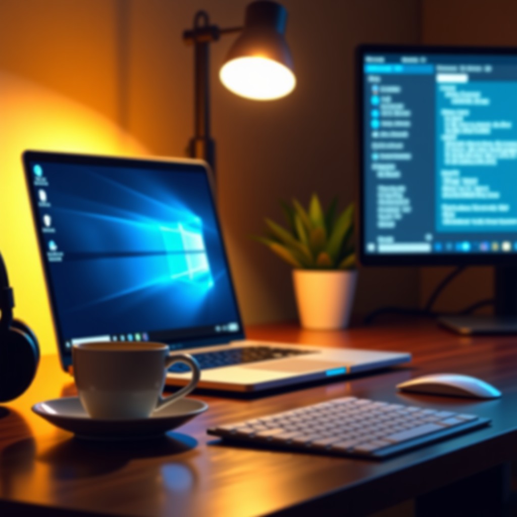 A clean and organized workspace with a high-end laptop, headset, and a cup of coffee. Warm interior lighting, focus on technology and productivity. 4:3