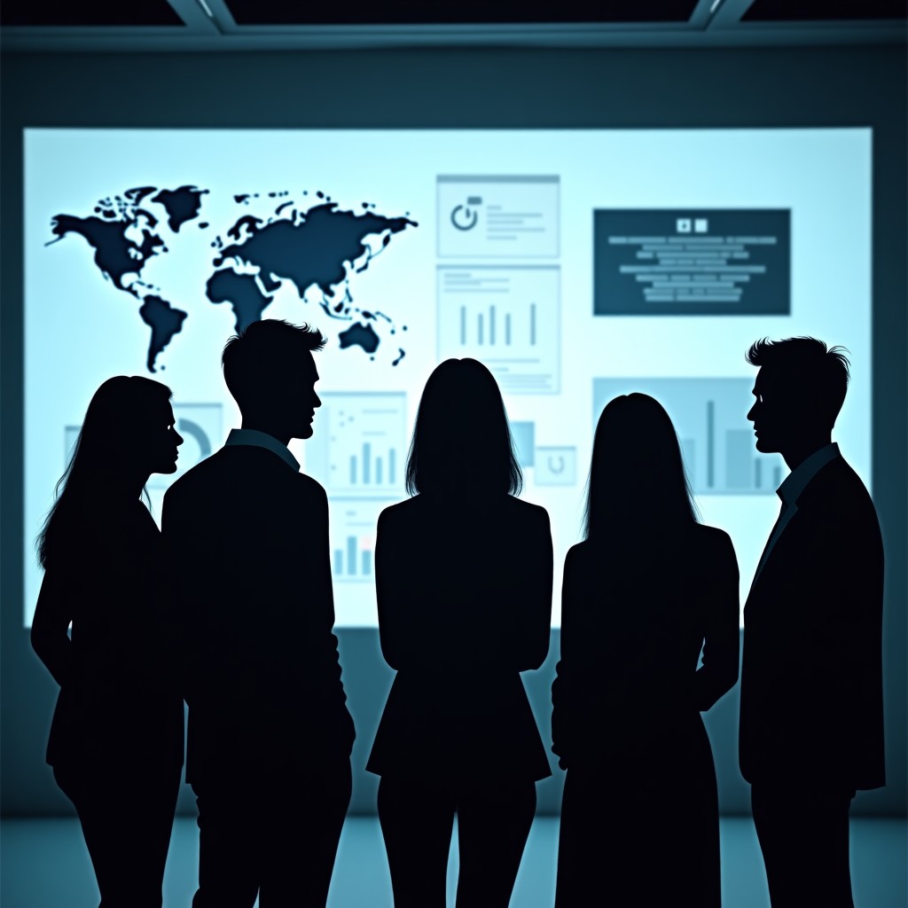 Silhouette of professionals looking at complex data screens in a modern office, conceptualizing ethical debate and team collaboration, soft lighting, 4:3