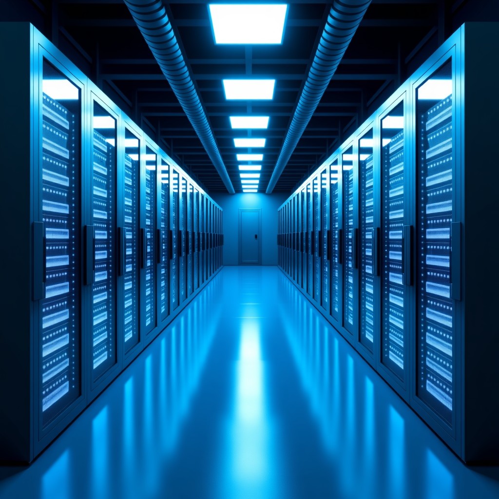 A high-tech data centre interior with rows of glowing server racks in a vast warehouse, futuristic lighting, blue and silver color palette, clean and modern atmosphere, 1:1