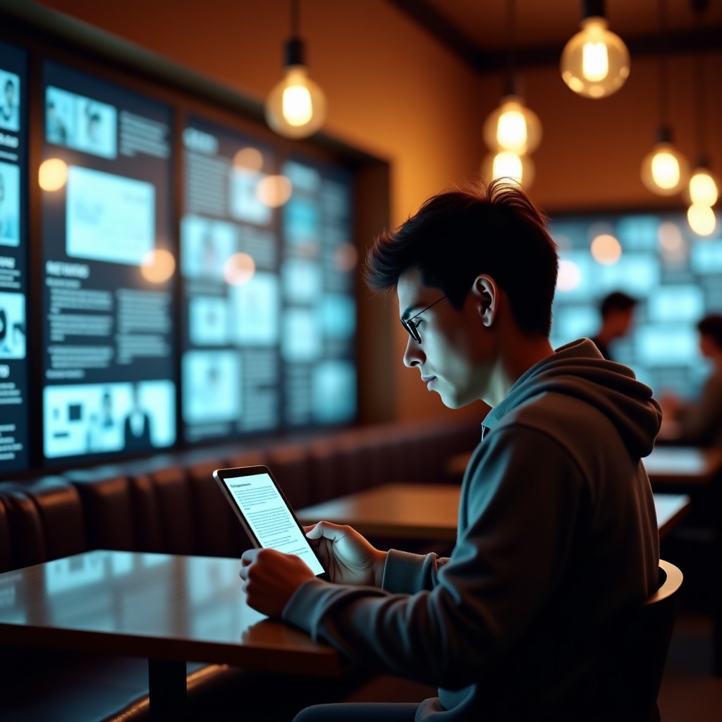A person sitting in a cozy cafe, looking at a news article on a tablet with a thoughtful and skeptical expression. Surrounding are blurry holographic screens representing a flood of information. Warm indoor lighting, calm atmosphere, photorealistic, 4:3