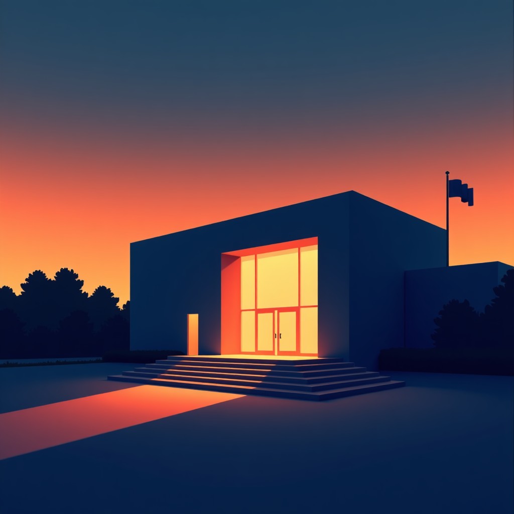 A modern architectural building in Silicon Valley at dusk with a large dramatic shadow of a podium and a flag projected onto its facade. High contrast illustration with deep oranges and navy blues. 4:3