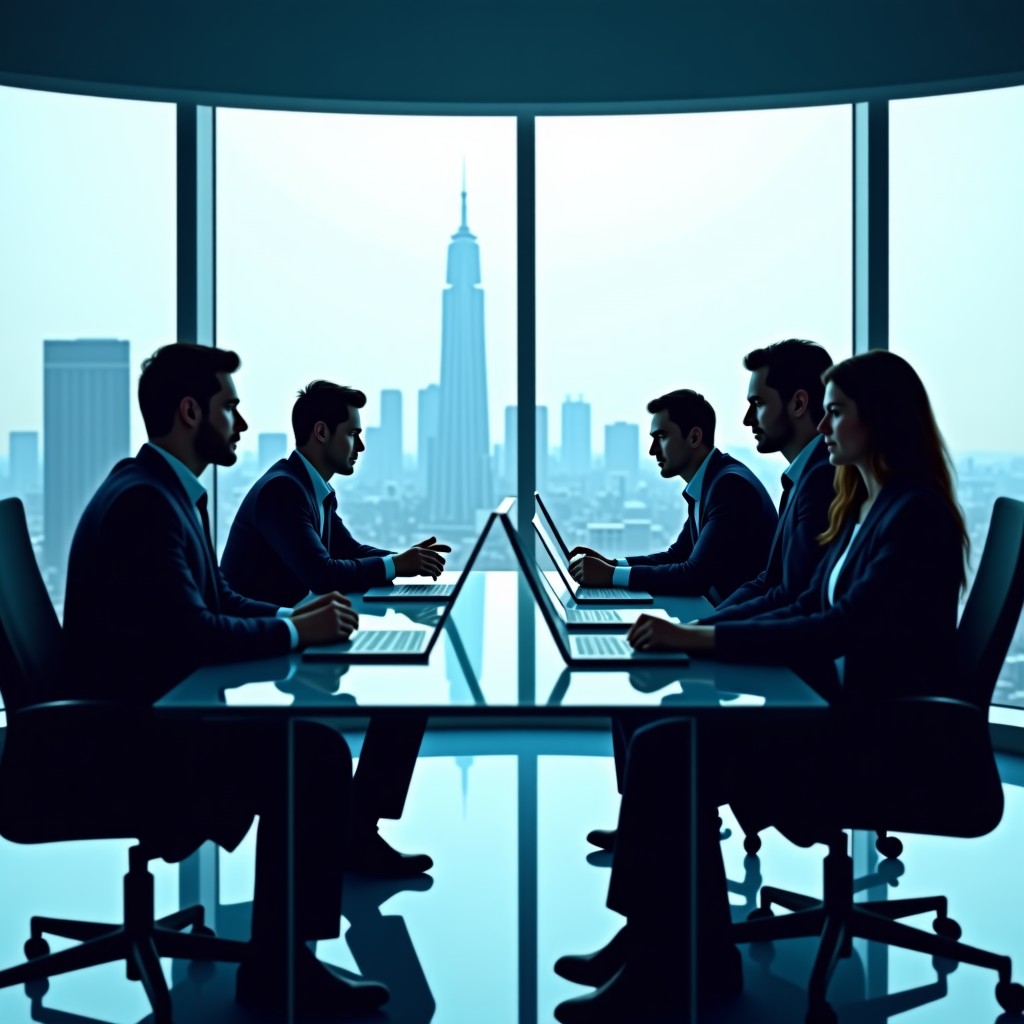 A group of professional tech executives sitting around a sleek glass table in a modern high-rise boardroom, looking serious while discussing data on transparent screens. Realistic office setting with city view. 4:3