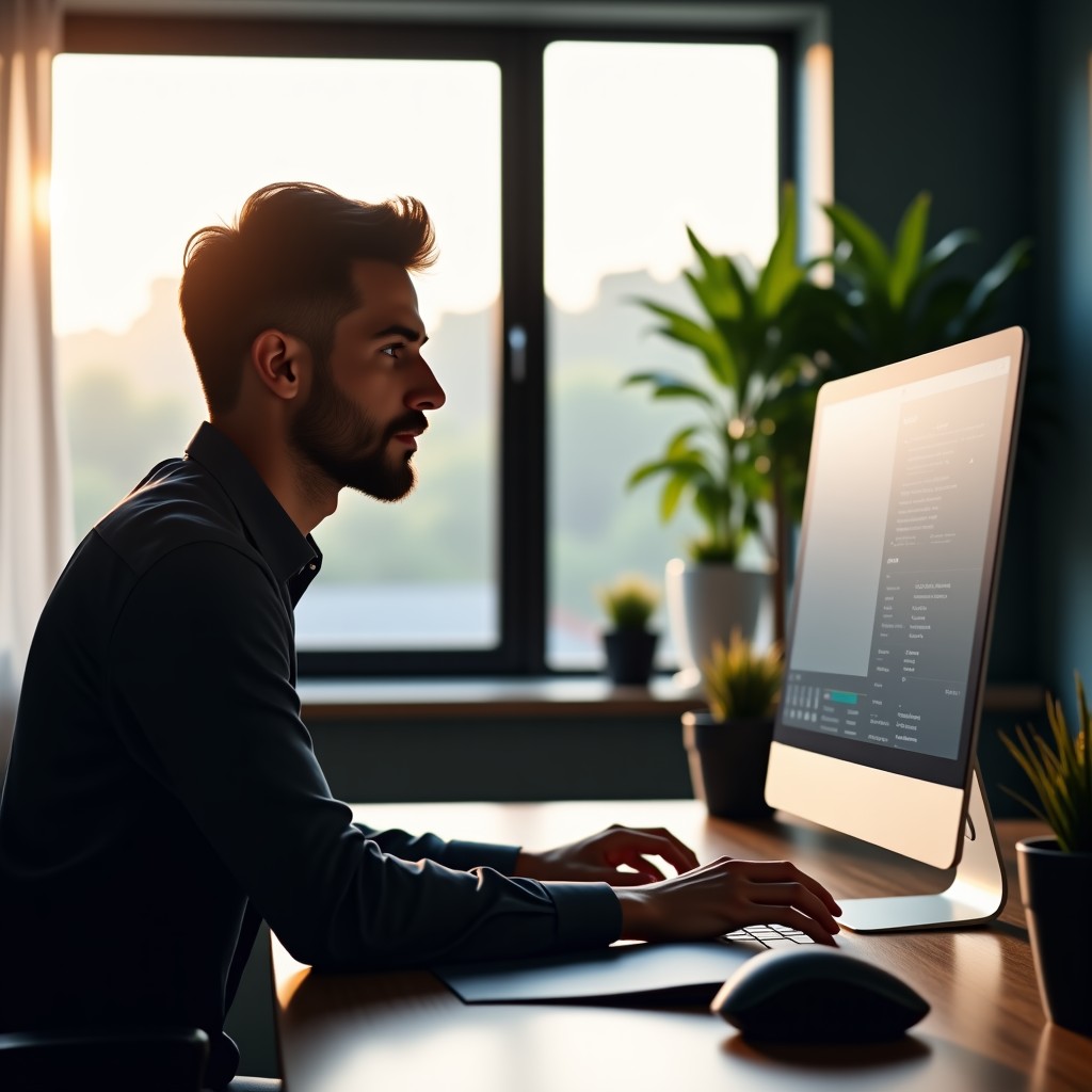 Professional designer working with an AI collaborative tool on a computer, creative workspace, soft afternoon light, clean desk, cinematic composition, 4:3.