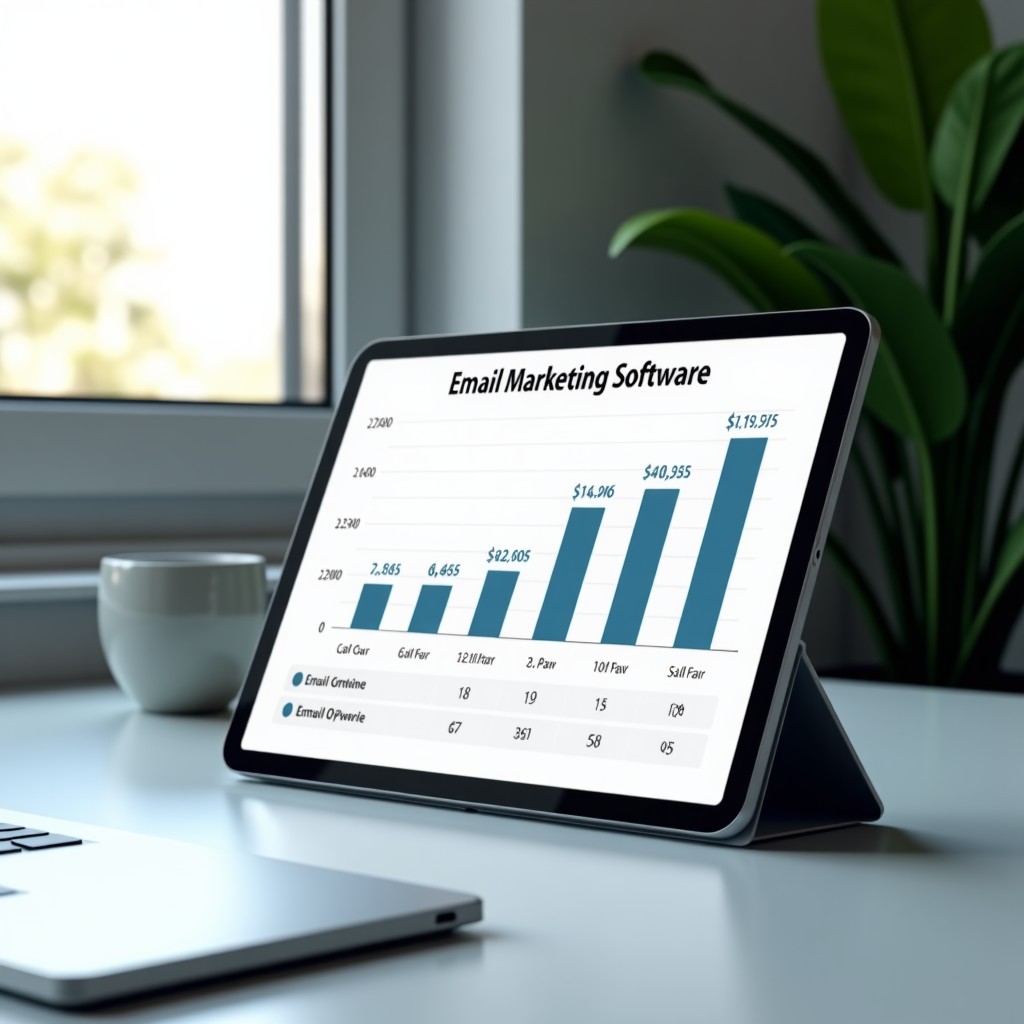 A futuristic office desk with a digital tablet showing a comparative chart of email marketing software, clean minimal design, soft natural sunlight, 4:3 aspect ratio