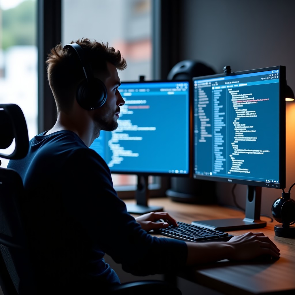 Focused software developer working on a high-end dual monitor setup with AI coding tools displayed, calm and professional office environment, 4:3