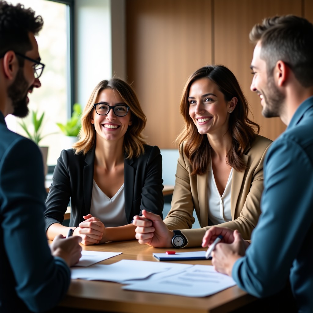 Diverse team members collaborating in a modern office space, warm natural lighting, creative and productive atmosphere, realistic photography, 4:3 aspect ratio